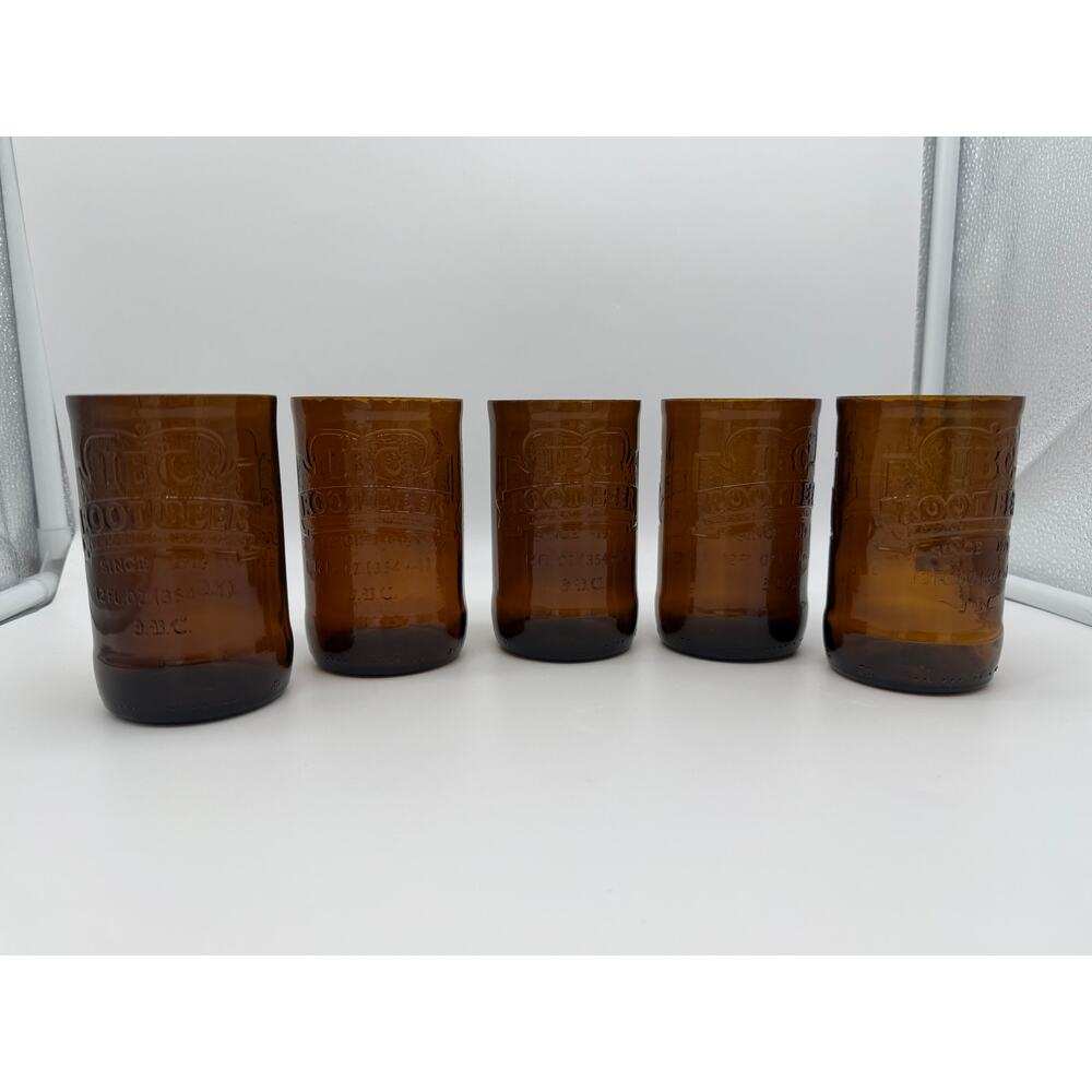 Set of 5 Upcycled IBC Root Beer 4" Tall Amber Brown Drinking Glasses Collectible
